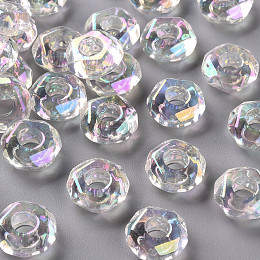 Honeyhandy Transparent Acrylic European Beads, AB Color Plated, Large Hole Beads, Flat Round, Faceted, Clear AB, 13x5.5mm, Hole: 5mm