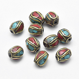 Honeyhandy Handmade Indonesia Beads, with Brass, Synthetic Coral, Turquoise, Oval, Colorful, 10~10.5x9~10mm, Hole: 1.5mm