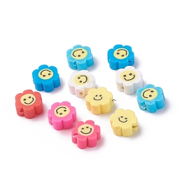 Honeyhandy Handmade Polymer Clay Beads, Flower with Smile Face, Mixed Color, 9.5~10x4.5mm, Hole: 1.2mm