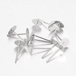 Honeyhandy Platinum Plated Iron Flat Base Ear Stud Findings, about 6mm in diameter, 12mm long, 0.8mm thick