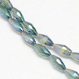 Honeyhandy Electroplate Crystal Glass Rice Beads Strands, Faceted, Rainbow Color Plated, Dark Cyan, 4x9mm, Hole: 1mm, about 58pcs/strand, 20.4 inch