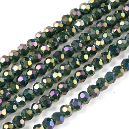 Faceted Round Full Rainbow Plated Electroplate Glass Beads Strands, Green, 4mm, Hole: 1mm, about 90~95pcs/strand, 12.8~13.6 inch(32~34cm)