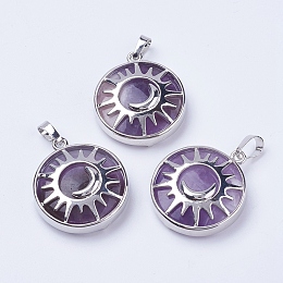 Honeyhandy Natural Amethyst Pendants, with Brass Findings, Flat Round with Sun & Moon, Platinum, 31x27.5x8mm, Hole: 5x7mm