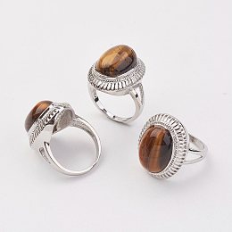 Honeyhandy Natural Tiger Eye Finger Rings, with Brass Ring Finding, Platinum, Oval, Size 8, 18mm