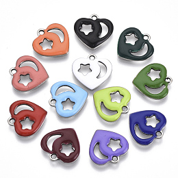 Honeyhandy 201 Stainless Steel Enamel Charms, Heart, Stainless Steel Color with Star, Stainless Steel Color & Moon, Stainless Steel Color, Mixed Color, 13x13x1.5mm, Hole: 1.5mm