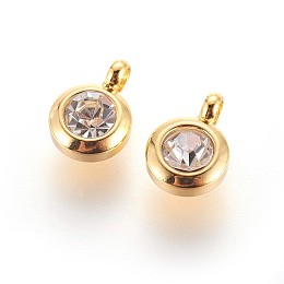 Honeyhandy 304 Stainless Steel Rhinestone Charms, Flat Round, Crystal, 9.3x6.5x4mm, Hole: 2mm