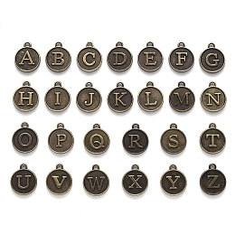 Honeyhandy Alloy Pendant Cabochon Settings For Enamel, Flat Round with Alphabet, Antique Bronze, 14x12x2mm, Hole: 1.5mm, 26pcs/set