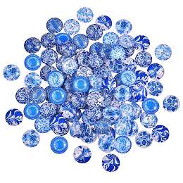 Arricraft Blue and White Printed Glass Cabochons, Half Round/Dome, Steel Blue, 20x6mm, 100pcs/box