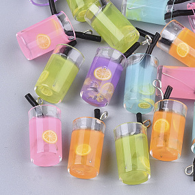 Honeyhandy Plastic Pendants, with Resin Inside and Iron Findings, Imitation Juice Glass, Platinum, Mixed Color, 26~30x13~15x11mm, Hole: 1.8mm