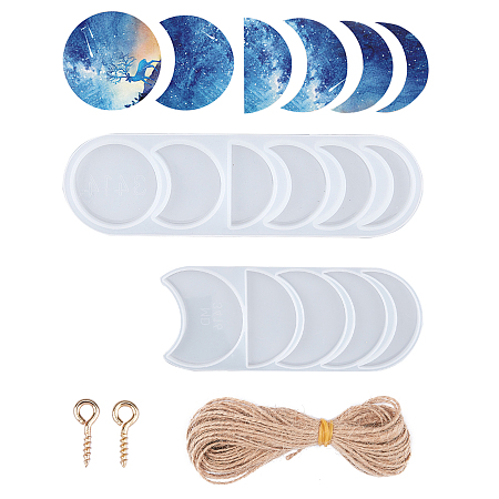 SUNNYCLUE DIY Moon Phase Shape Silicone Molds, with Resin Casting Molds Sets, Hemp Cord and 304 Stainless Steel Screw Eye Pin Peg Bails, Mixed Color, 270x110x10mm; 107x9mm; 1set