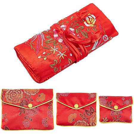 AHANDMAKER 4 Pcs Jewelry Silk Purse Pouchs, 4 Styles Vintage Flower Embroidery Damask Cloth Roll Chinese Style Brocade Organizer with Snap Button and Zipper Small Gift Bags for Travel Storage Jewelry