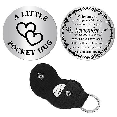 CREATCABIN Little Heart Pocket Hug Token Long Distance Relationship Keepsake Stainless Steel Double Sided Memorial Coin with PU Leather Clip Keychain for Family Friend Inspirational Gift 1.2 x 1.2Inch
