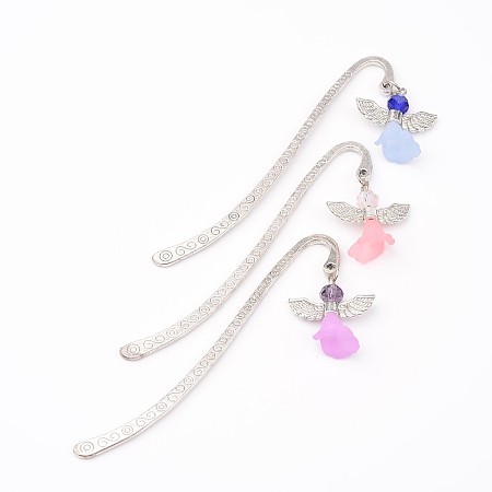 Honeyhandy Tibetan Style Alloy Bookmarks/Hairpins, with Glass Beads, Acrylic Beads and Alloy Findings, Lovely Wedding Dress Angel Dangle, Mixed Color, 84x13x1mm