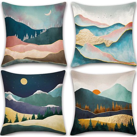 GLOBLELAND Landscape Mountains Pillow Covers 18 x 18 Inch Set of 4 Watercolour Painting Mountain Forest Moon Decorative Pillow Covers Cushion Cover for Home Decor Sofa Bedroom