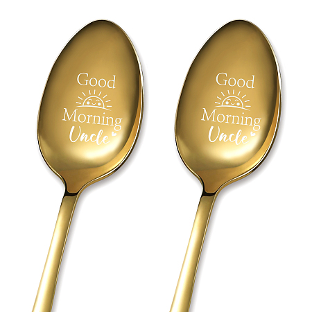 GLOBLELAND 2 Pcs Good Morning Uncle Stainless Steel Engraved Peanut Butter Spoon Coffee Spoons Long Handle Spoons includes Box for Birthday