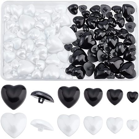 PandaHall Elite 120pcs Acrylic Shank Buttons, 5 Size Black White Heart Shape Buttons Classic Sewing Buttons with Shank for Women Dress Suit Decor Sewing DIY Craft Supplies, 12/15.5/18/20/26mm