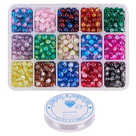 PandaHall Elite About 1050pcs 15 Color 6mm Round Spray Painted Crackle Glass Beads Assortment Lot with Crystal Elastic Thread (0.8mm; 5m/roll)