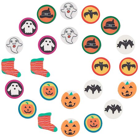 NBEADS 160 Pcs 8 Styles Halloween Theme Polymer Clay Beads, 10mm Flat Round Soft Clay Charms with Pumpkin Ghost Bat Hat Pattern for DIY Jewelry Making