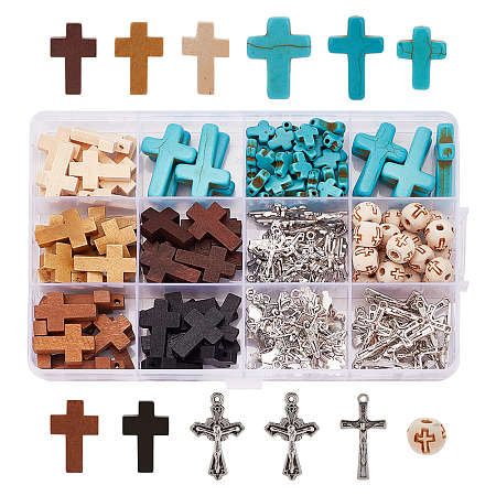 ARRICRAFT DIY Cross Jewelry Making Kits, Including Synthetic Turquoise Beads, Wood Beads & Pendants, Alloy Pendants, Mixed Color, 170Pcs/box