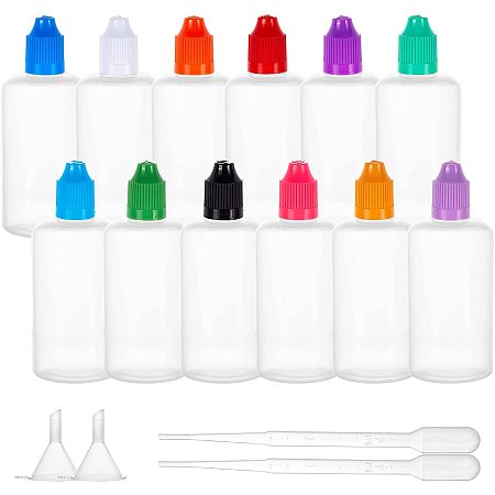 BENECREAT 24 Pack 50ml/1.69oz Plastic Squeeze Liquid Bottle Transparent PET Dropper Bottle with 12 Colors Childproof Caps, Tips, 2PCS Funnel and 4PCS 2ml Pipettes