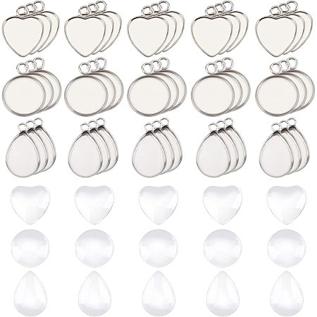 DICOSMETIC 60pcs 3 Styles Stainless Steel Flat Round Pendant Trays Treadrop Blank Pendants Heart Plain Edge Bezel Cups with Transparent Glass Cabochons for Jewelry Making