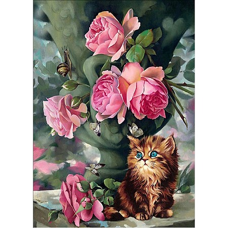 Honeyhandy DIY Diamond Painting Canvas Kits For Kids, with Resin Rhinestones, Diamond Sticky Pen, Tray Plate and Glue Clay, Cat with Flower, Mixed Color, 40x30cm