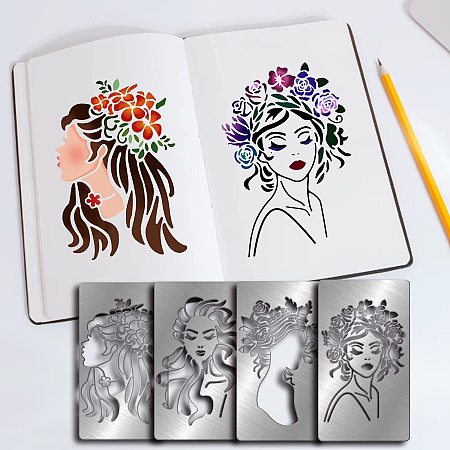 FINGERINSPIRE 4 Pcs Women Theme Cutting Dies Stencil Metal Template Molds, Female Head Silhouette Steel Embossing Tool Die Cuts for Card Making Scrapbooking DIY Etched Dies Decoration Supplies