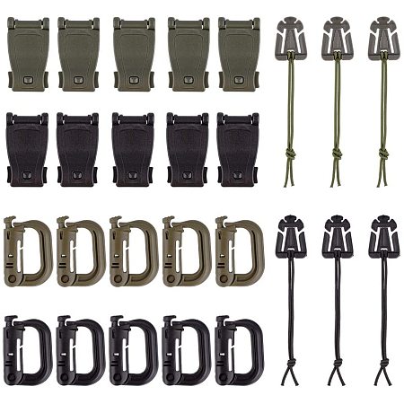NBEADS 24 Pcs Clips, 3 Types 2 Colors Plastic Tactical Backpack Web Dominators D Ring Buckle Elastic Strings Locking Tool
