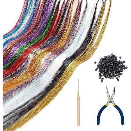 PandaHall Elite Hair Tansel Strands Kit, 15 Colors Sparkling Hair Tansel Strands Colored Hair String Extensions Strand with Aluminium Rings Hooks and Pliers Tools for Women Girls Hair Decoration