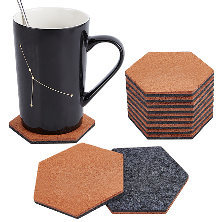 BENECREAT 12PCS Hexagon Felt Coasters 3.8x3.4 Inch Brown and Black 2 Sided Absorbent Table Coasters for Drinks Tabletop Protection, 6mm Thick