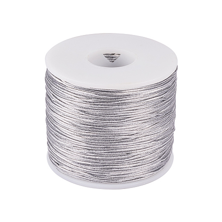 PandaHall Elite 1mm 100m/ 109 Yards Metallic Tinsel Elastic Cord Polyester Ribbon Stretch Cord for Jewelry Making Gift Wrap Ribbon, Silver