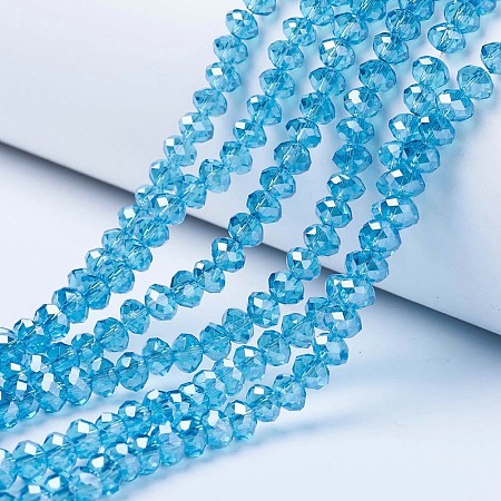 Honeyhandy Electroplate Glass Beads Strands, Pearl Luster Plated, Faceted, Rondelle, Deep Sky Blue, 4x3mm, Hole: 0.4mm, about 123~127pcs/strand, 16.5~16.9 inch(42~43cm)
