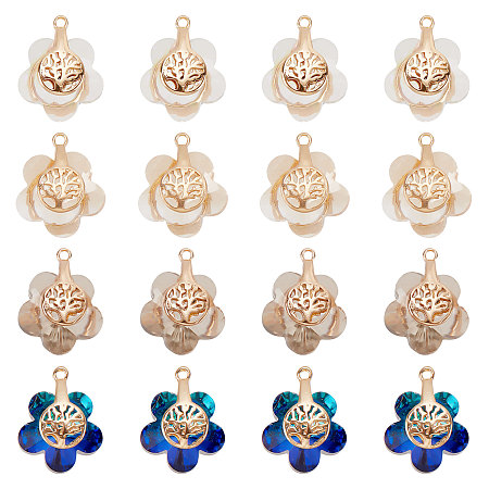 SUNNYCLUE 24Pcs 4 Style Electroplate Glass Pendants, with Light Gold Plated Brass Findings, Flower with Tree of Life, Mixed Color, 16~17x14x9mm, Hole: 1.2mm, 6pcs/style