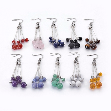 Honeyhandy Natural Gemstone Dangle Earrings Sets, with 304 Stainless Steel Earring Hooks and Iron Eye Pins, Round, Stainless Steel Color, 77~78mm, Pendant: 57x58mm, Pin: 0.6mm, 10pairs/set
