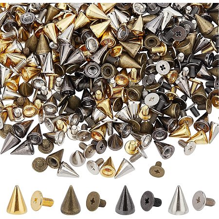 PandaHall Elite 200 Sets Punk Spike Studs 4 Styles Cone Spikes Screwback Studs Bullet Cone Spikes Punk Metal Screw Back Rivets for DIY Leather Crafts and Clothing Shoes Jacket Purse, 10~10.5mm/0.39~0.41