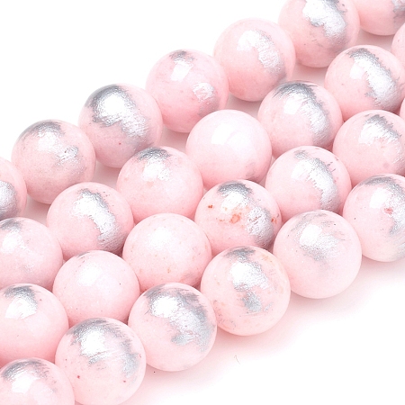 Natural Jade Beads Strands,  Brushed Silver Color, Dyed, Round, Misty Rose, 12mm, Hole: 1mm, about 32pcs/strand, 15.7 inch(40cm)