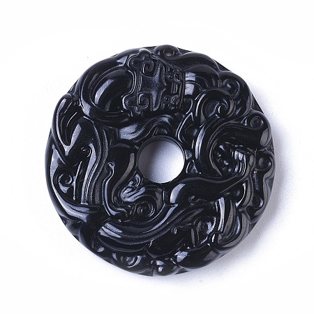 Honeyhandy Natural Black Obsidian Pendants, Carving Kylin, Flat Round, 46.5x10.5mm, Hole: 1.5mm