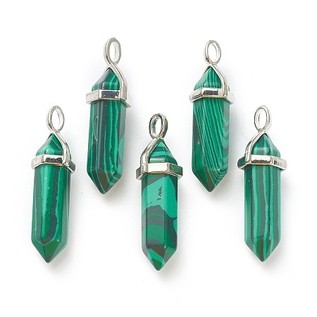 Honeyhandy Synthetic Malachite Pendants, with Platinum Tone Brass Findings, Bullet, 39.5x12x11.5mm, Hole: 4.5x2.8mm