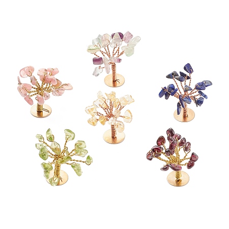 Honeyhandy Natural Gemstone Chips Display Decorations, with Golden Plated Brass Wires, Lucky Tree, 24~27x32~41x33~42mm