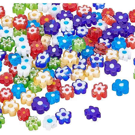 Pandahall Elite 120pcs 8 Styles Millefiori Flower Lampwork Glass Beads Glass Coin Beads Flat Round Flower Spacer Bead for DIY Jewelry Necklace Bracelet Anklet Making, Hole: 1mm