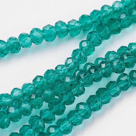 Honeyhandy Transparent Glass Beads Strands, Faceted, Rondelle, Teal, 3x2mm, Hole: 0.5mm, about 188~190pcs/strand, 16.7 inch