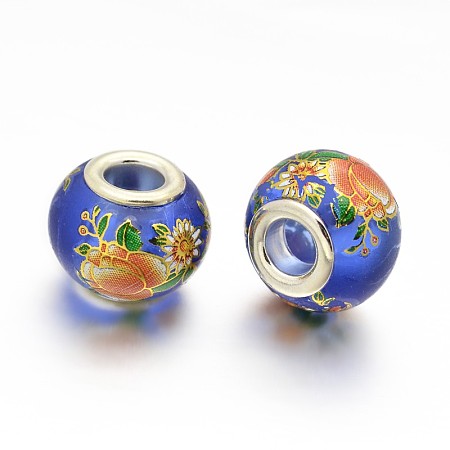 Flower Picture Printed Glass European Beads, Large Hole Rondelle Beads, with Silver Color Plated Brass Cores, Blue, 14x11mm, Hole: 5mm