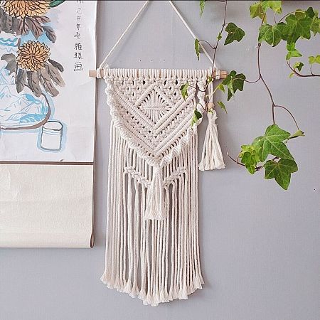 Honeyhandy Cotton Cord Macrame Woven Wall Hanging, with Plastic Non-Trace Wall Hooks, for Nursery and Home Decoration, Floral White, 850x250x20mm