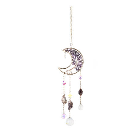 Honeyhandy Natural Amethyst Chips Beaded Moon Hanging Sun Catchers, Faceted Glass Octagon & Teardrop, Rainbow Maker, with Iron Findings, 430mm