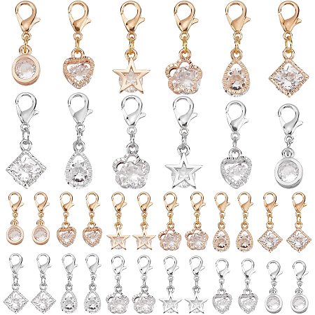 PandaHall 6 Styles Cubic Zirconia Pendant Charm with Lobster Dangle Star/Heart/Flower/Drop/Round/Square Alloy Rhinestone Charm Clip on Pendant for Keychain Necklace Earring Jewelry, Golden/Platinum