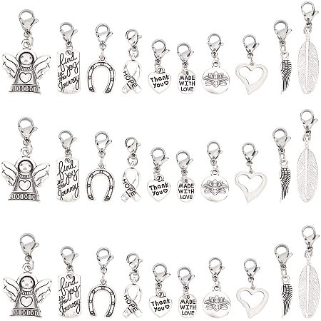 SUNNYCLUE 1 Box 40Pcs 10 Styles Antique Silver Alloy Pendants Guardian Angle Feather Wing Heart Word Awareness Ribbon Oval Tibetan Style Charms with Lobster Claw Clasps for Jewelry Making Crafts