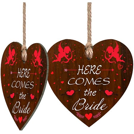 CRASPIRE Wedding Hanging Sign Here Comes The Bride Wooden Plaque Wedding Gift 2pcs Wooden Hanging Heart Plaque with Jute Twine for Friends Christmas Ornaments Birthday Gifts for Wall Door Decor