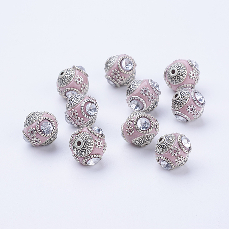 Honeyhandy Handmade Indonesia Round Beads, with Glass Cabochons and Antique Silver Metal Color Double Alloy Cores, Pink, 14~15x15~16mm, Hole: 2mm