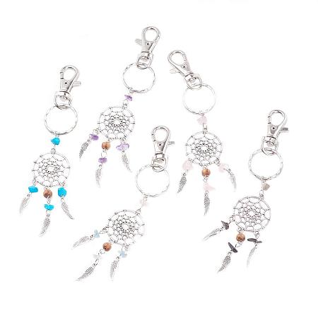 ARRICRAFT 30pcs Mixed Color Dreamcatcher Key Chain Keyring with Clasp Natural Chip Gemstone Feather Key Chain Bag Hanging Ring Ornaments Car Pendant