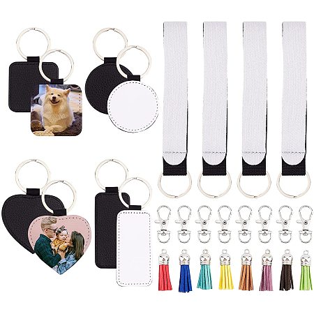 Pandahall Elite Sublimation Blank Keychain Kits Transfer Keychain Blank Sublimation Wristlet Lanyard, Swivel Snap Hooks with 8 Color PU Leather Tassels(Square, Rectangle, Round, Heart)